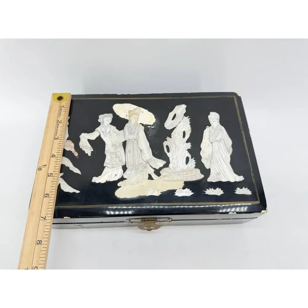 Asian Black Lacquer Jewelry Box Mother of Pearl Inlay Red Velvet 2.35 lb